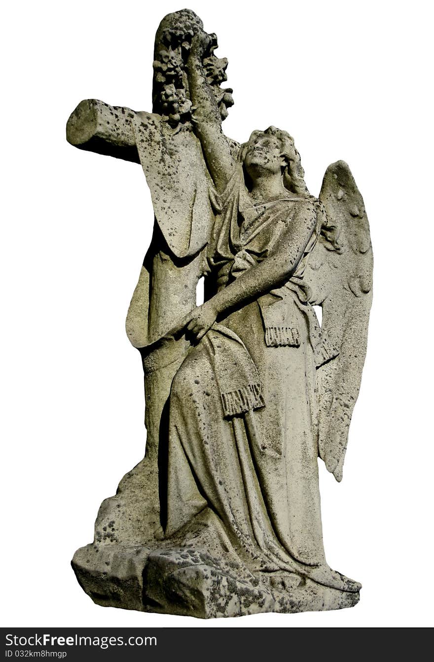 A female angel draped across a cross and holding a wreath. A female angel draped across a cross and holding a wreath.