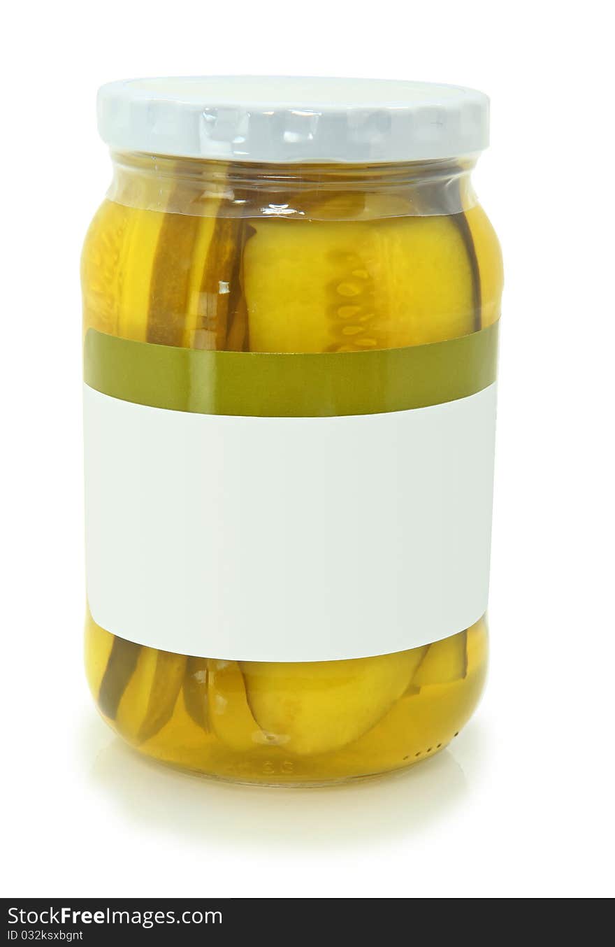 Isolated Jar Of Pickle Slices On White With Room For Copy Space