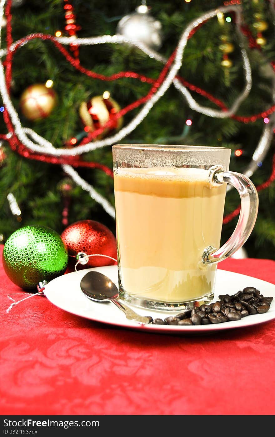 Cappuccino on a background christmas tree. Cappuccino on a background christmas tree