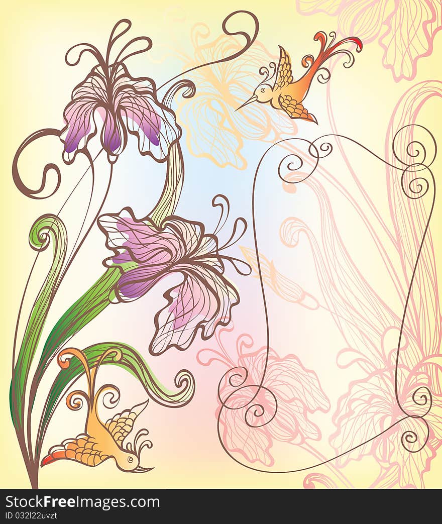 Background with fantasy flowers and bird