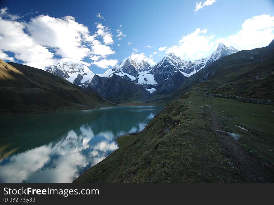 Snow mountains and azure lake in Peru