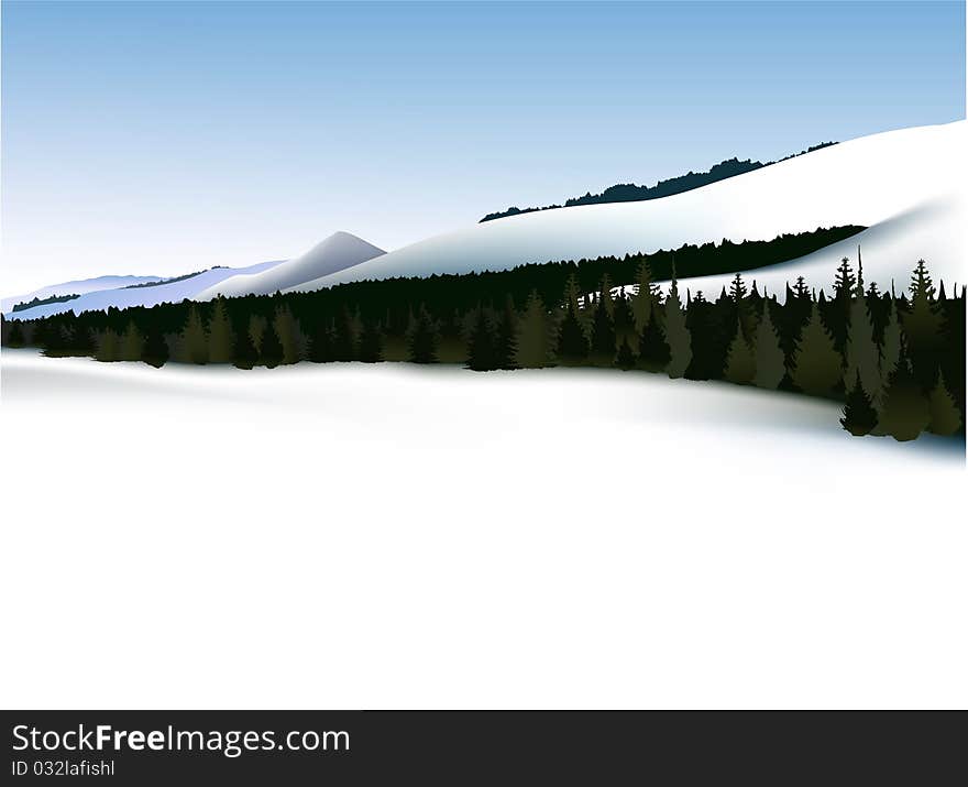 Winter mountains landscape with big forest