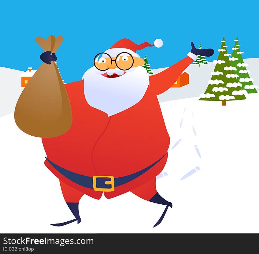 Santa Claus running through the snow with a toy bag in his hand ,illustration