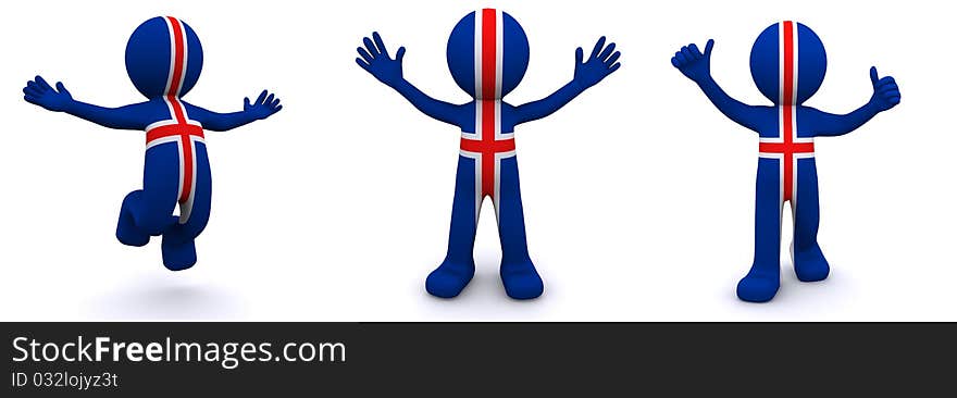 3d character textured with flag of Iceland isolated on white background