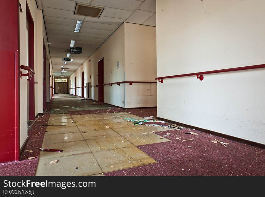 Hallway in a Old hospital building empty and ready for demolition.