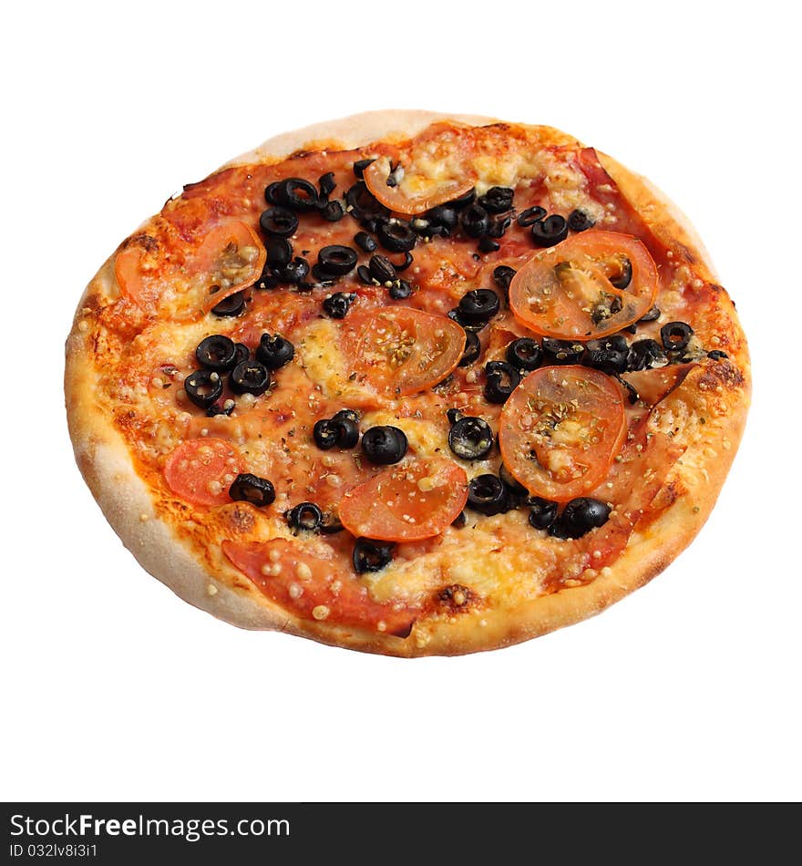 Pizza with tomatoes, olives and cheese with meat