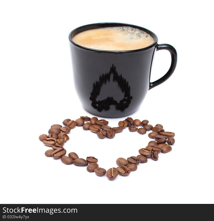 Foam coffee cup, coffee grains, heart reflection. Foam coffee cup, coffee grains, heart reflection