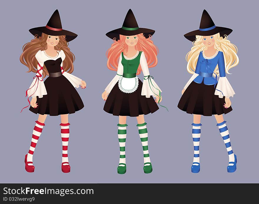 Illustration of three pretty witches with blond, brown and red hair