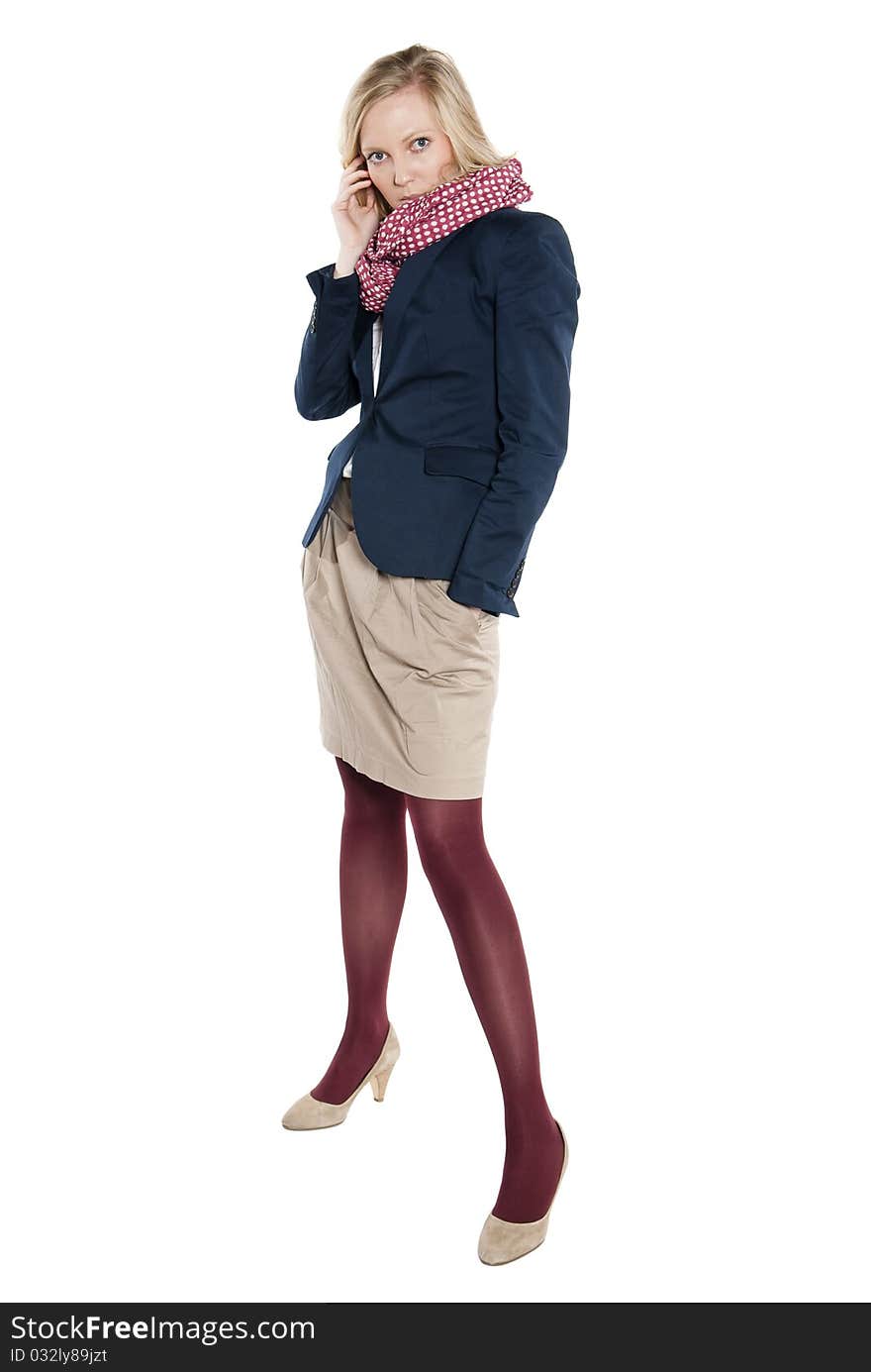 Studio photo of attractive young woman with blonde hair and big eyes.  Isolated over white background.