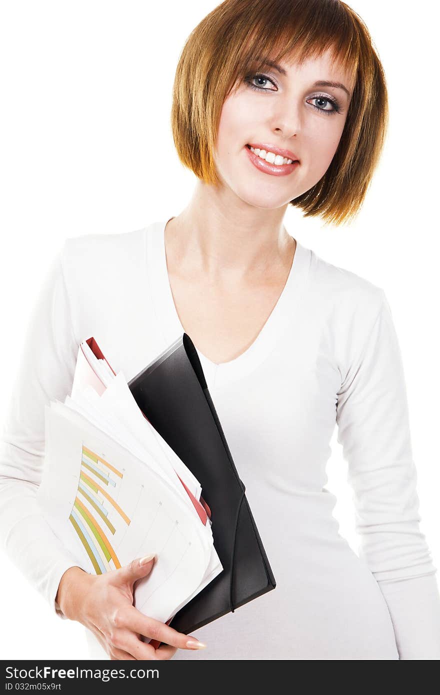 Cheerful girl with folders and business papers, white background