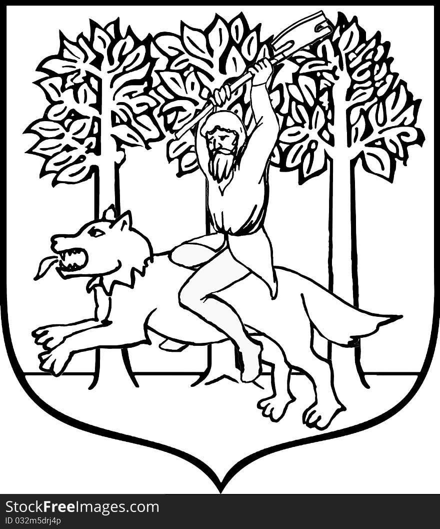 The heraldic image: the person with an axe astride a wolf. The contour image in medieval style. In a board on a white background three trees, the person astride the wolf, raising an axe are represented. Dorvard collection dark dreams enchanted country. The heraldic image: the person with an axe astride a wolf. The contour image in medieval style. In a board on a white background three trees, the person astride the wolf, raising an axe are represented. Dorvard collection dark dreams enchanted country.