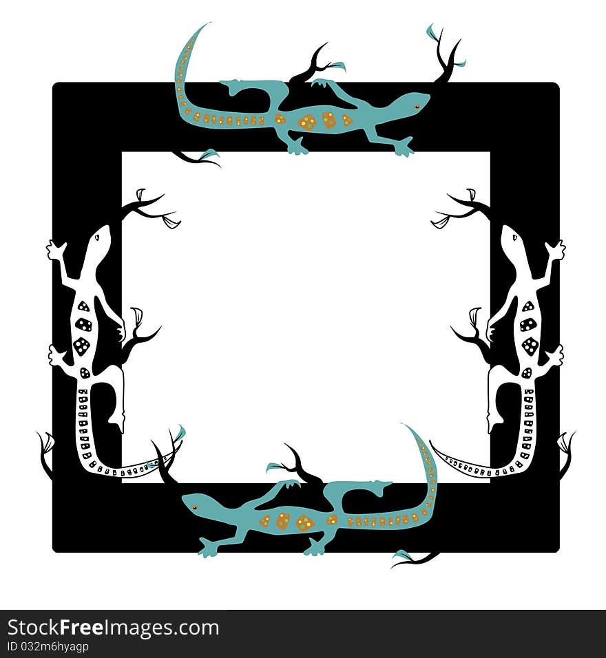 Vector black square frame with lizards. Vector black square frame with lizards