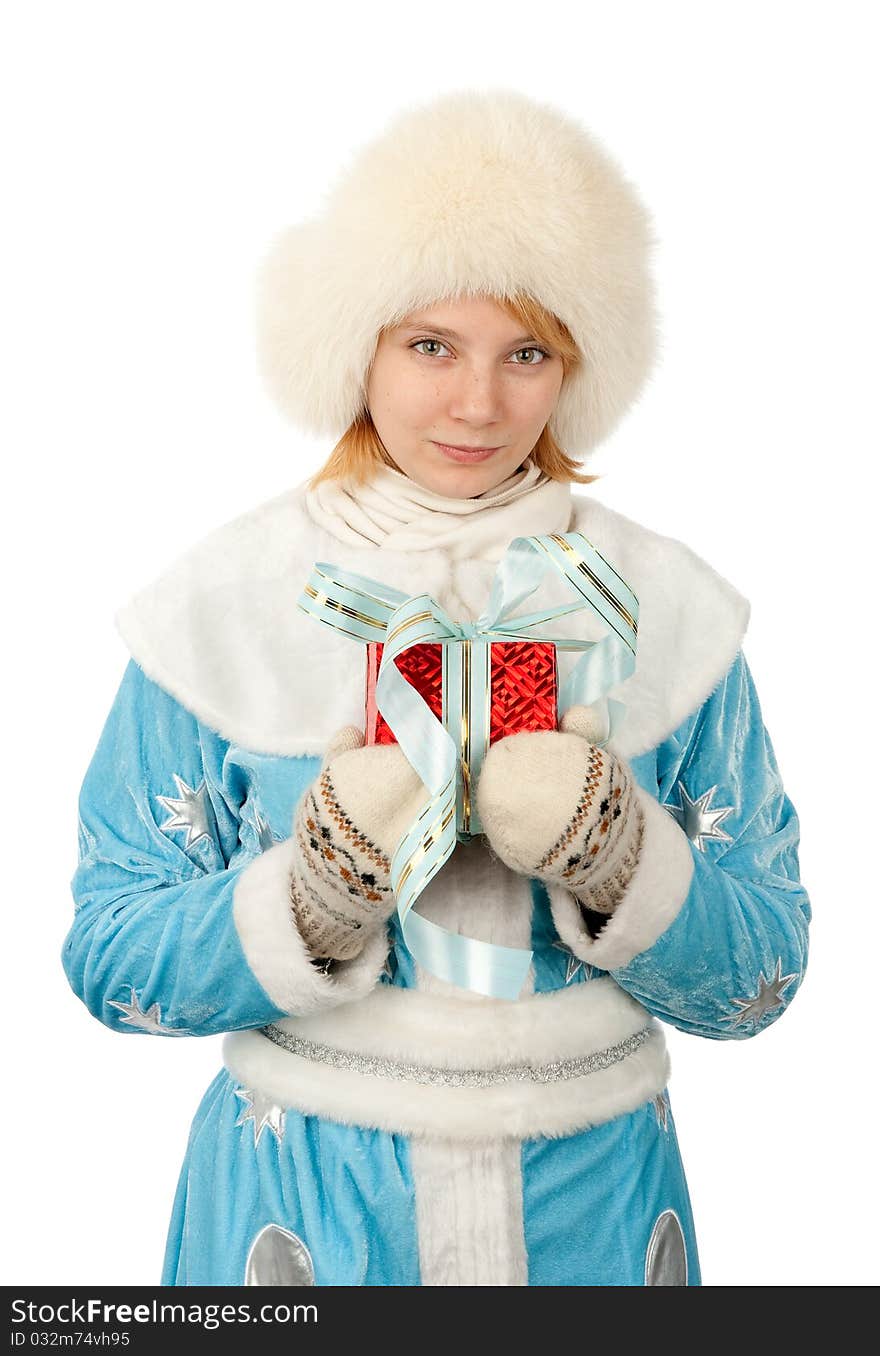 Snow maiden smiling girl with a gift box