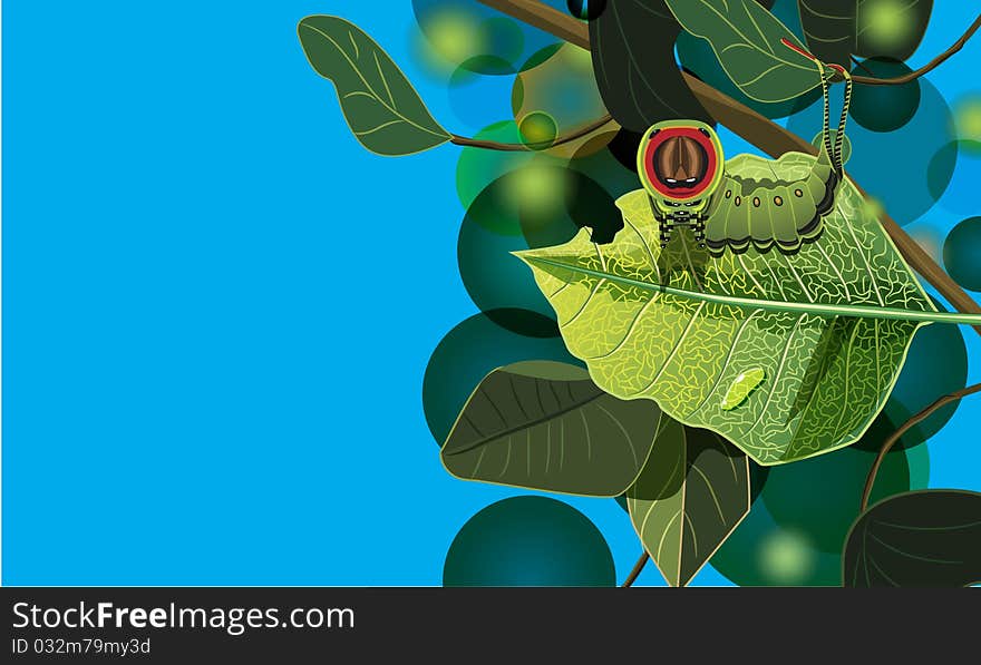 Vector illustration. Caterpillar on a leaf in forest