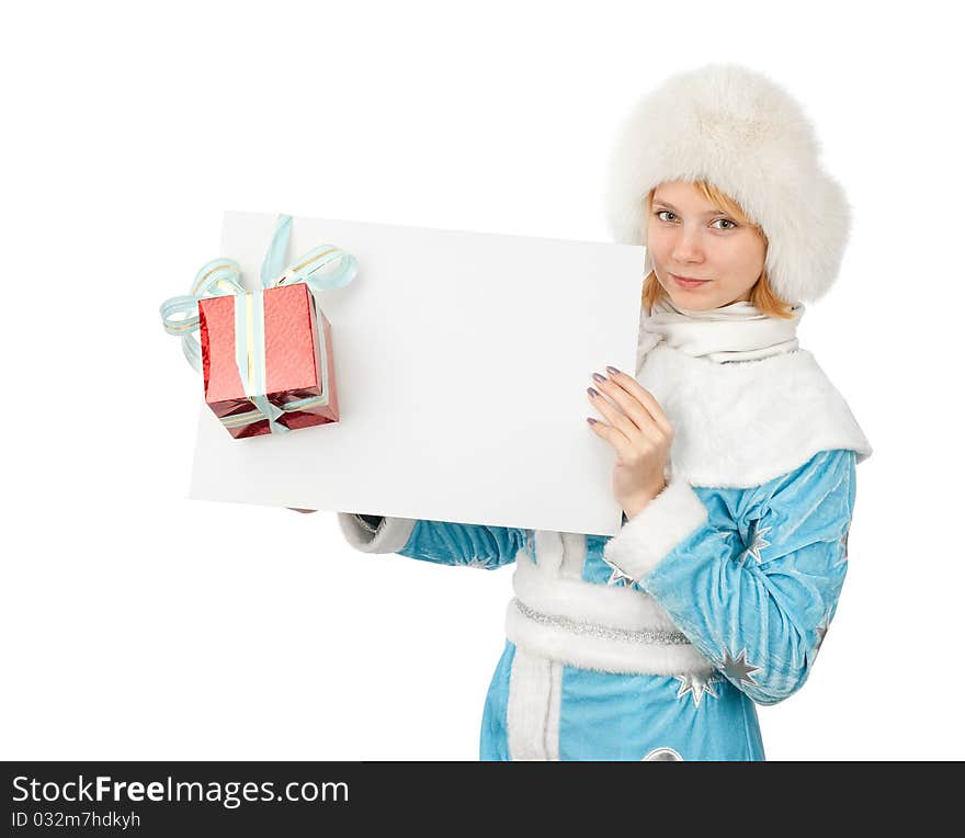 Christmas Woman Holding Blank Paper Sheet