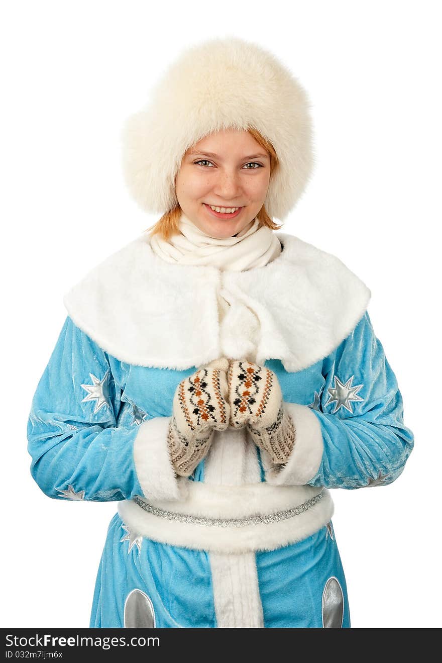 Young woman in snow maiden costume isolated on white