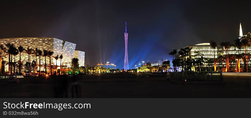 Night scene of Canton Tower and other building in Zhujiang New Town of Guangzhou City, Guangdong province, China