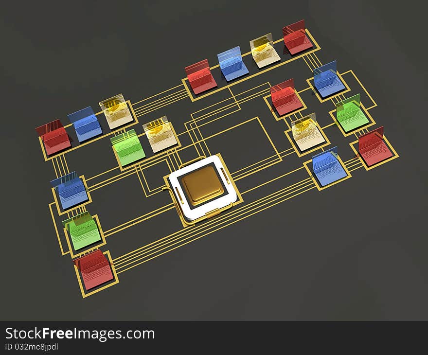 Colored 3d notebooks and processor on electronic board. Colored 3d notebooks and processor on electronic board.