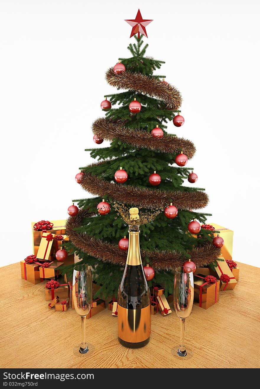 3D images of Christmas tree on a wooden table with gifts and champagne. 3D images of Christmas tree on a wooden table with gifts and champagne.