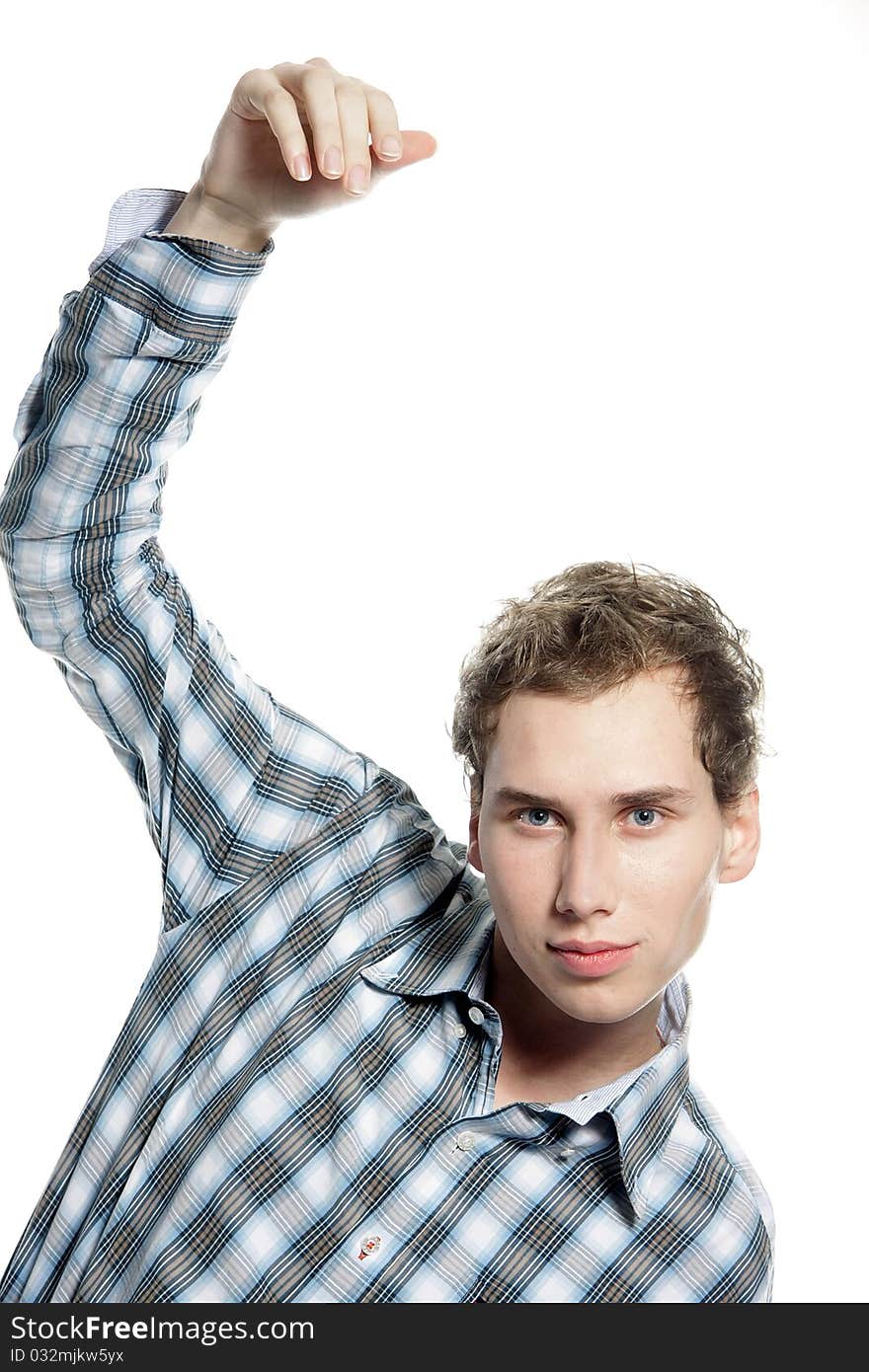 Young man waving goodbye over white