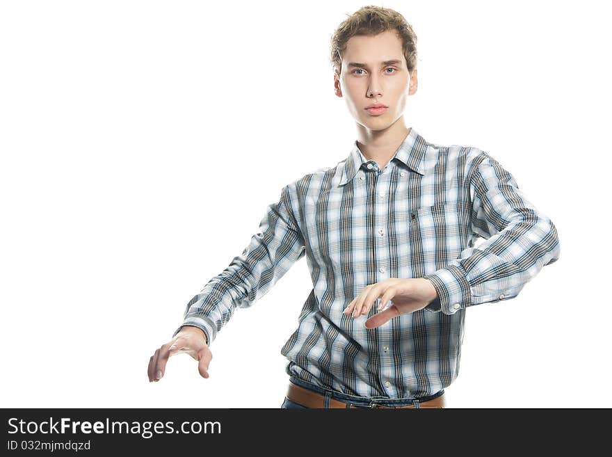 Young stylish man going over white