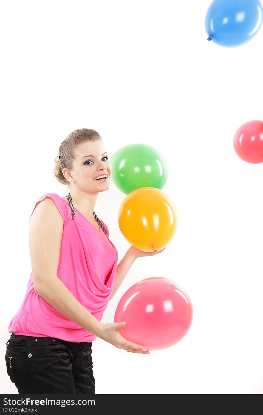 Young happy girl with balloons over white. Young happy girl with balloons over white