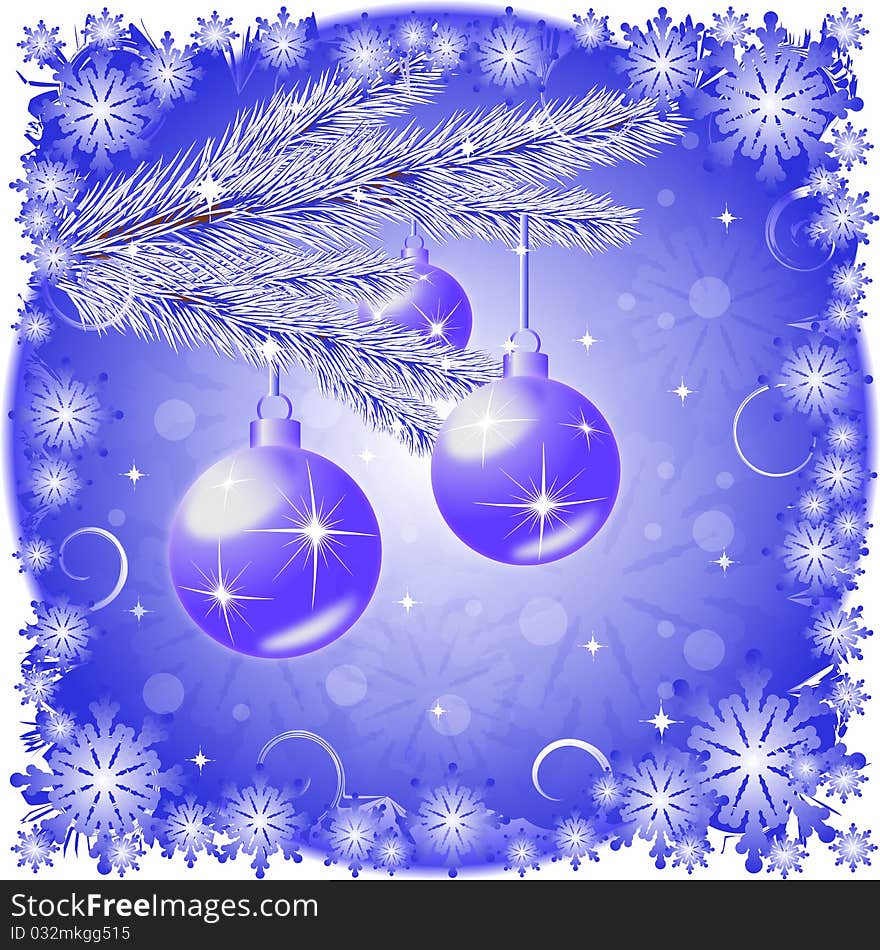 Postcard with a picture of a Christmas tree branch with balls, vector illustration, eps10