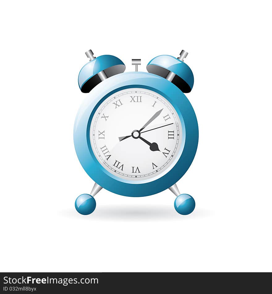 Blue old style alarm clock isolated on white