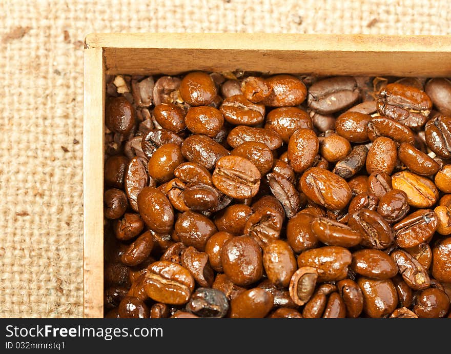 Fragrant fried coffee beans in the wooden box