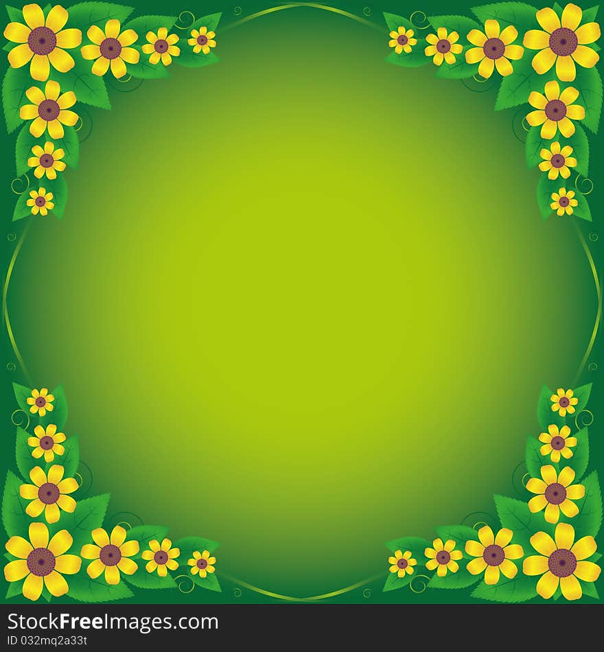 Flower decoration on a green background. The image has yellow flowers and green leaves. Flower decoration on a green background. The image has yellow flowers and green leaves.