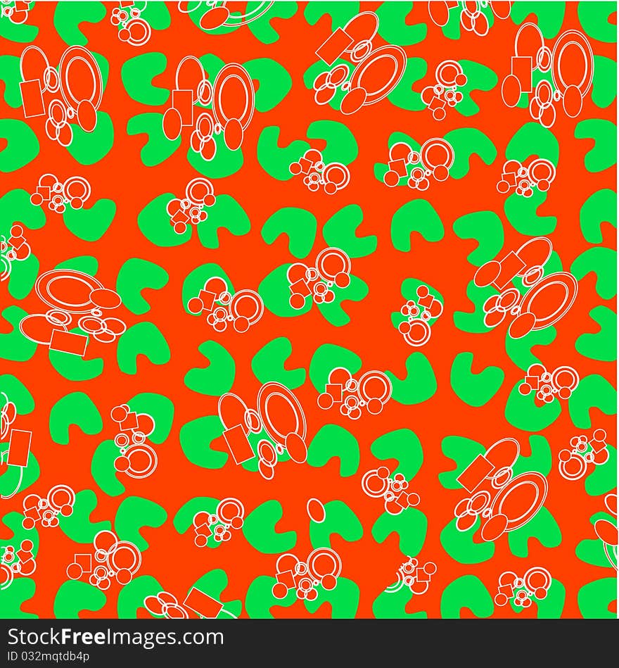 Decorative green floral on abstract red background with white drawing