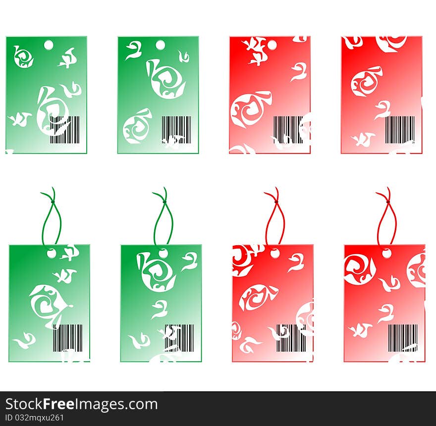 Label sticker red green with bar codes and abstract ornament. Label sticker red green with bar codes and abstract ornament