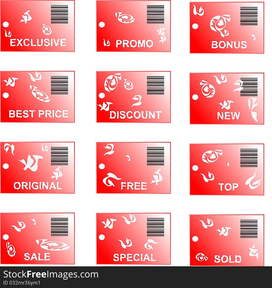 Red sticker tag set with bar codes and abstract or