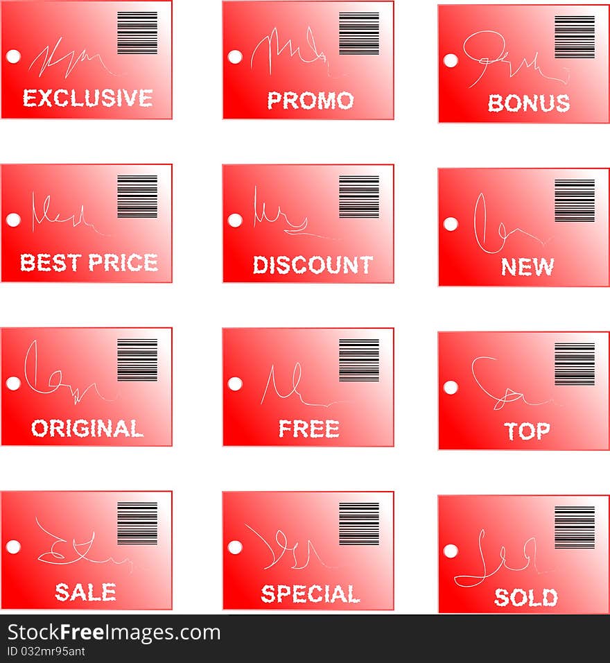 Red tag and sticker set with bar codes and abstrac