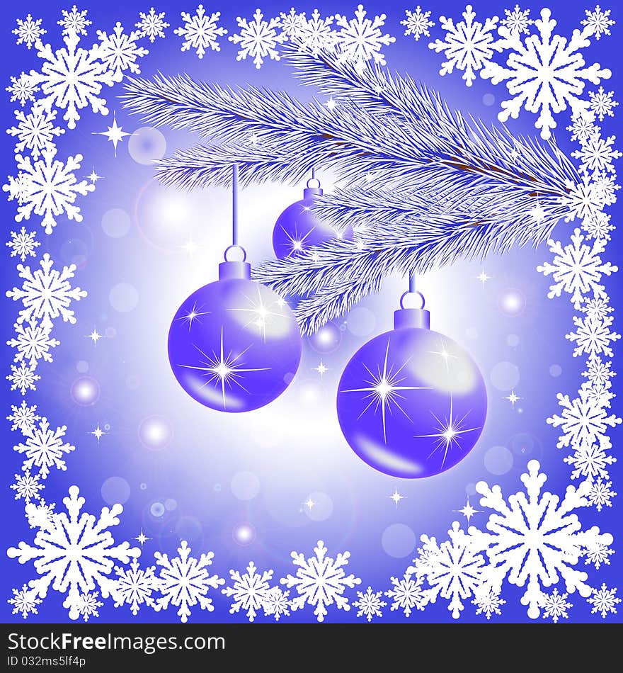 Postcard with a picture of a Christmas tree branch with Christmas balls, vector illustration, eps10