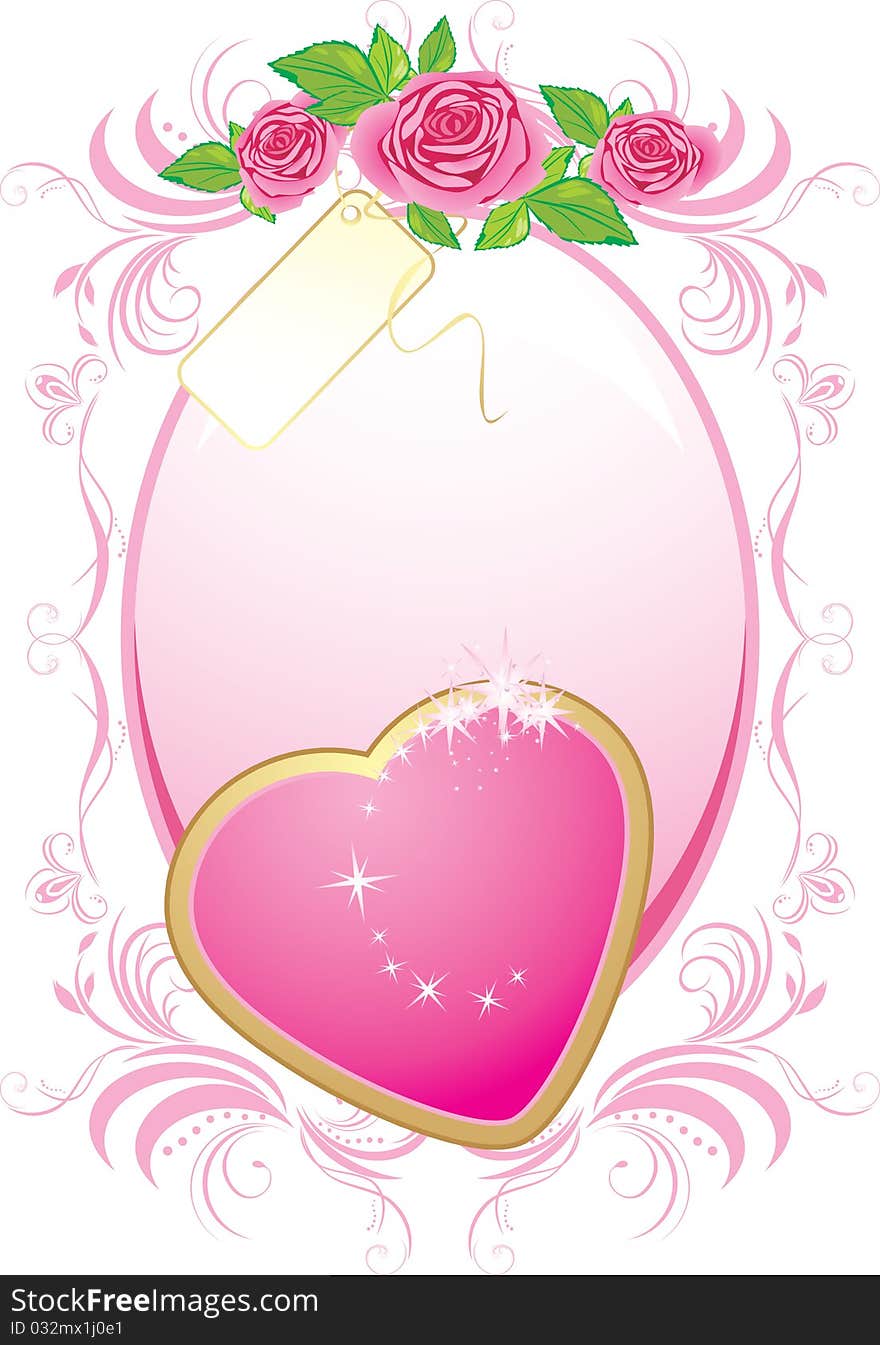 Pink heart and bouquet of roses in the frame. Valentines card. Illustration