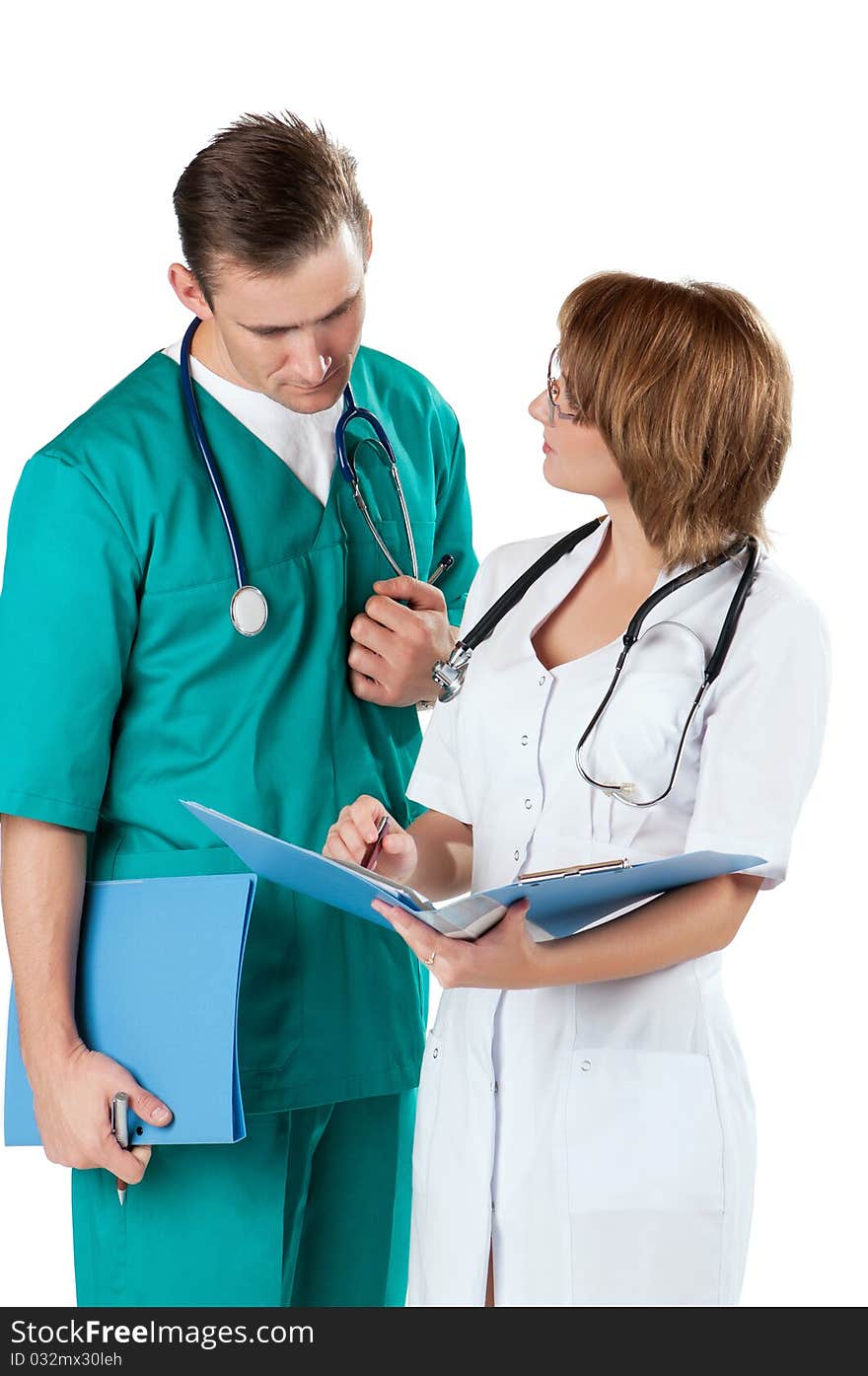 Doctors with file folder and stethoscope isolated on white background