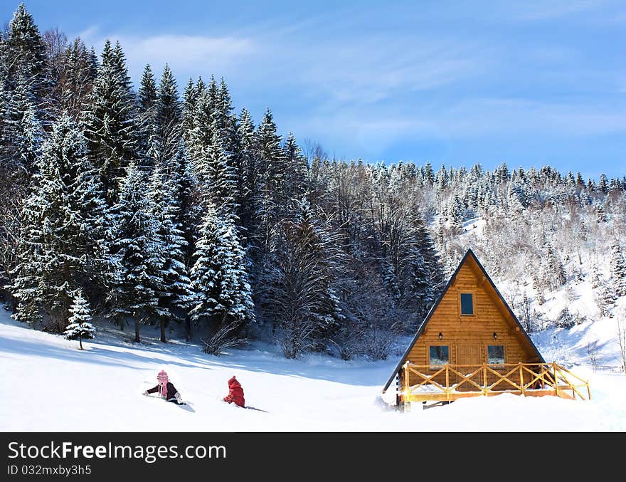 Fresh Snow and cottage in mountain