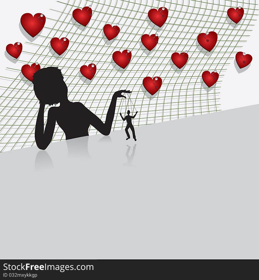 Silhouette of woman playing by marionette looked like man. Silhouette of woman playing by marionette looked like man