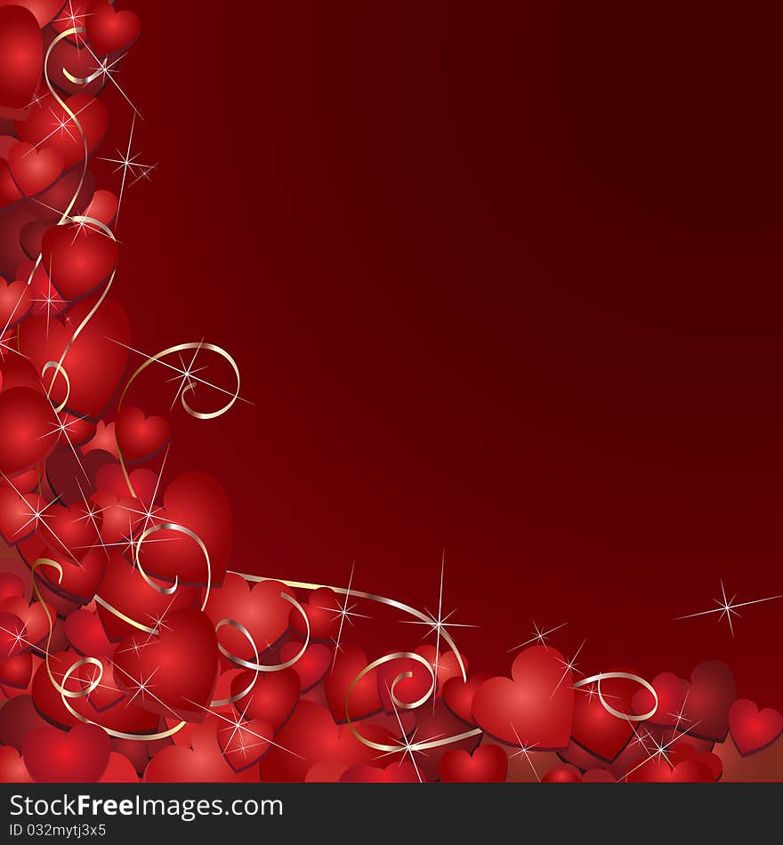 Romantic red background with hearts and golden ribbons. Romantic red background with hearts and golden ribbons