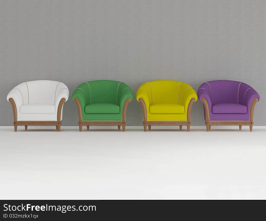 Classic armchairs in front of the old wall, modern interior design, 3d render/illustration