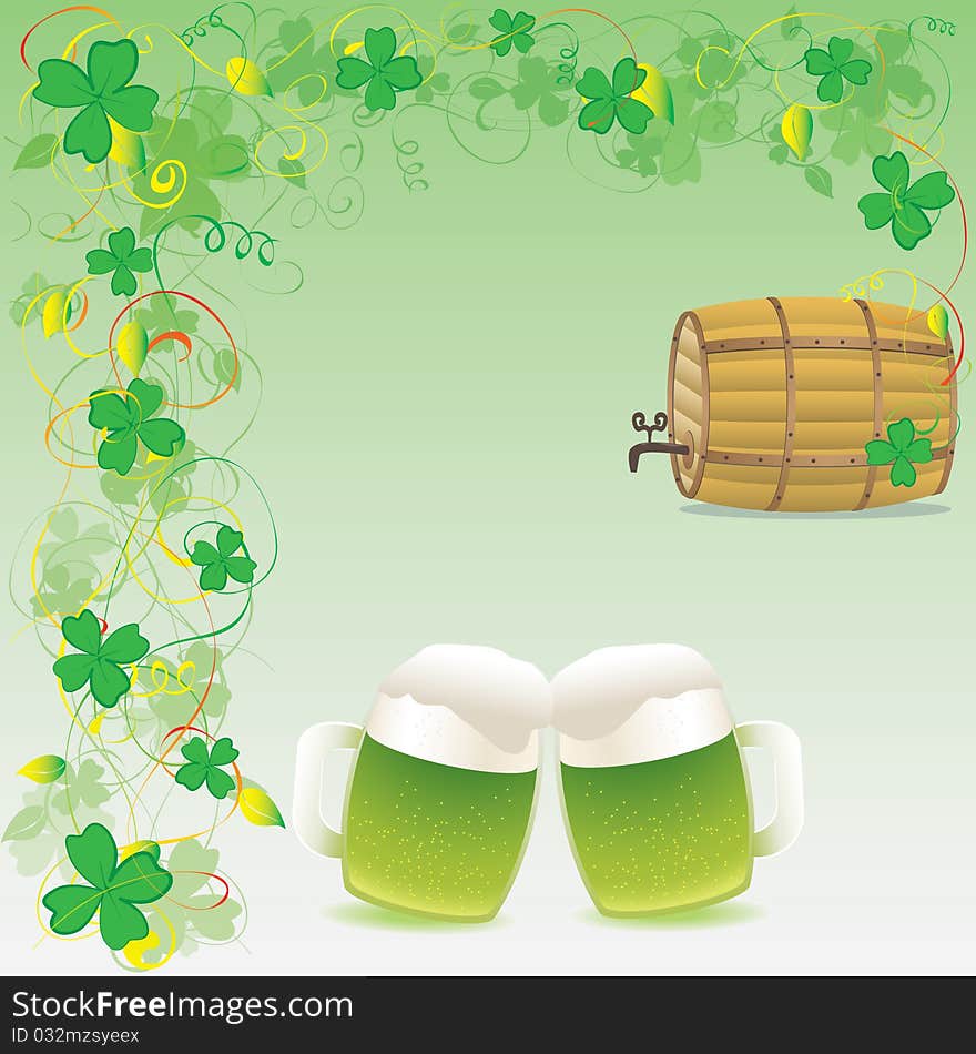 Green beer and wooden keg on a green floral background with four leaves shamrocks