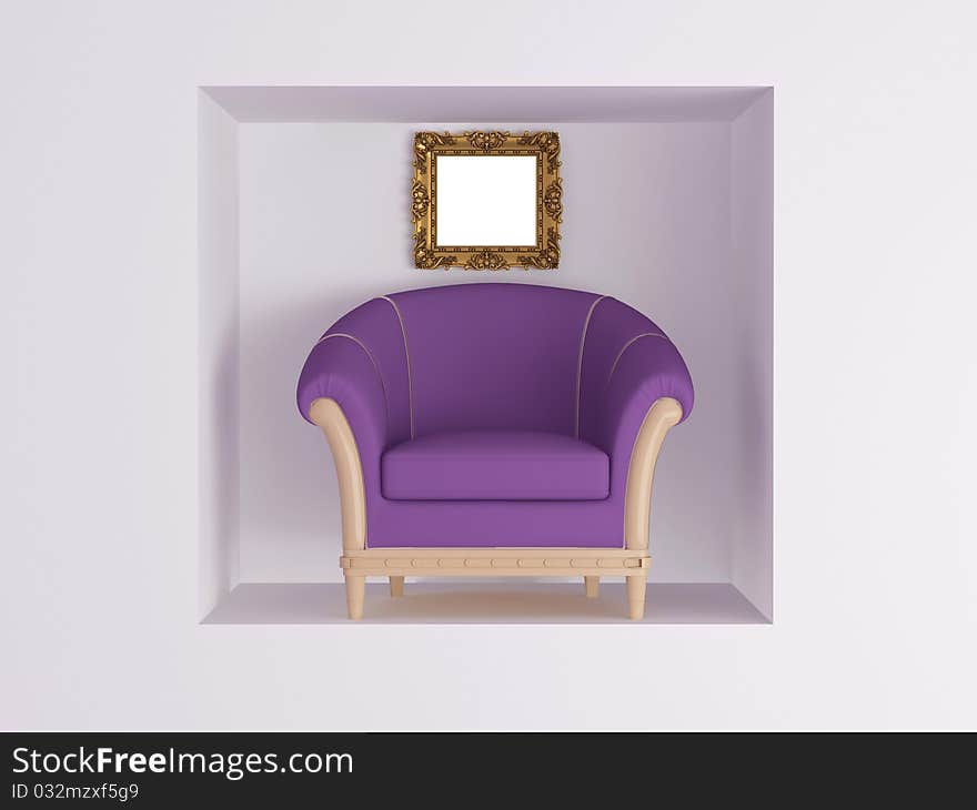 Classic violet armchair, gold empty frame in front of white wall, rendering