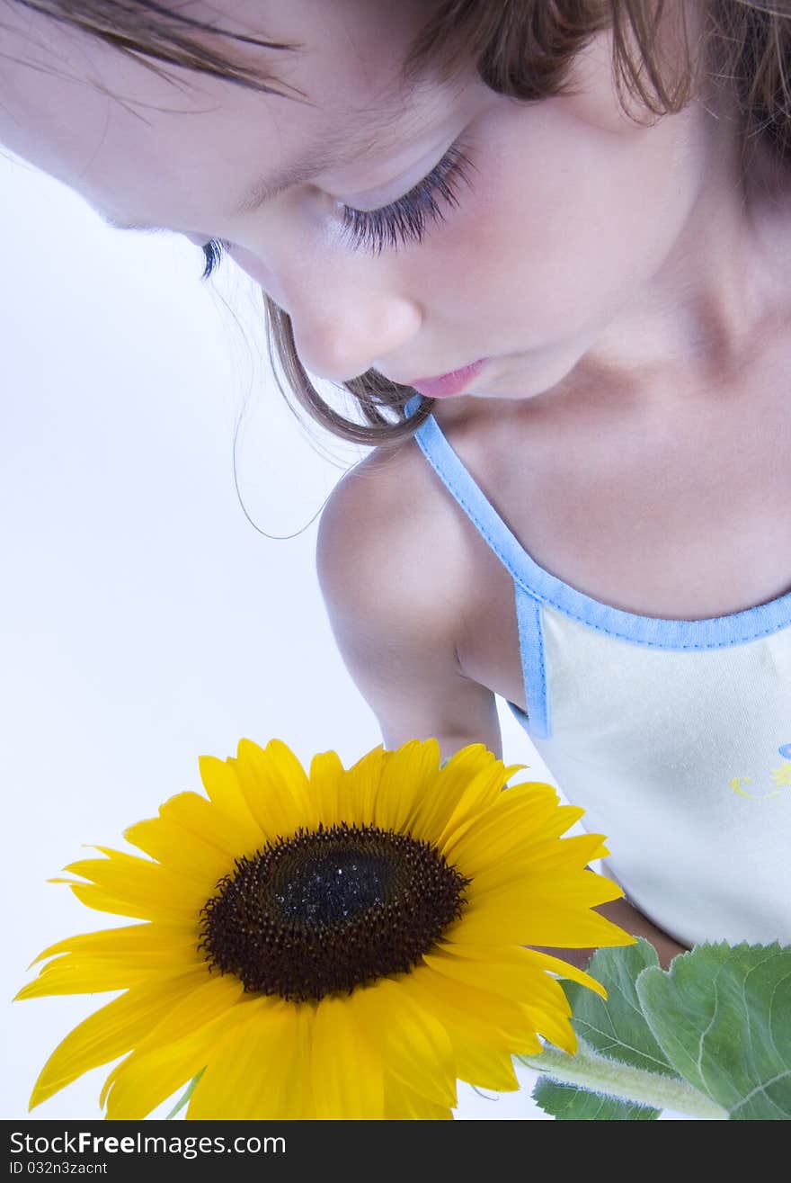 A little girl holding in her hand a beautiful sunflower. A little girl holding in her hand a beautiful sunflower