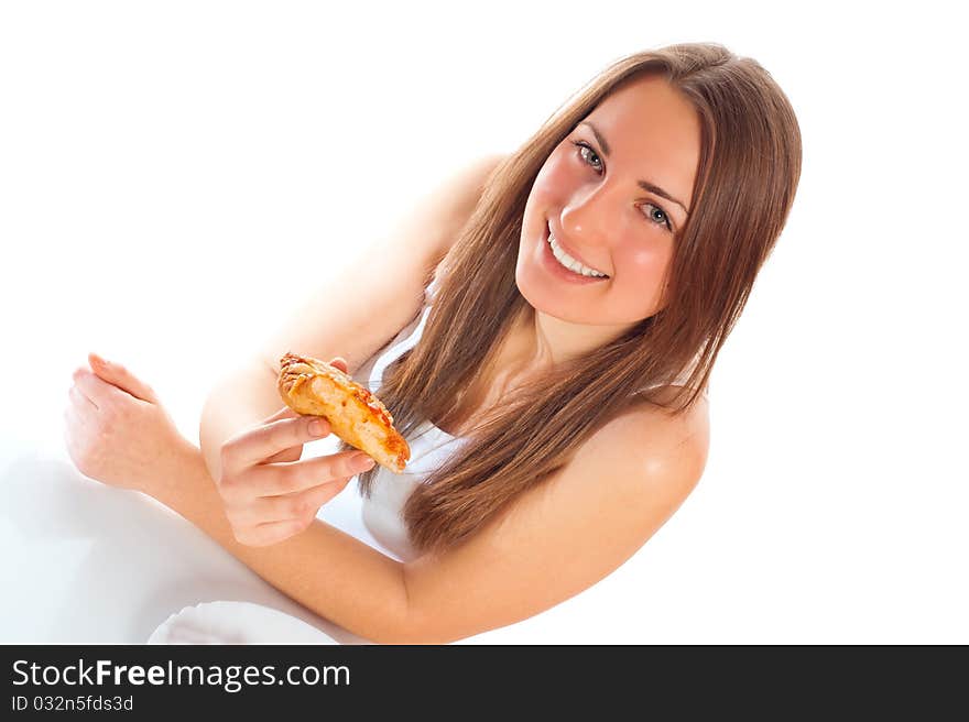 Beautiful woman with a pizza on a white background