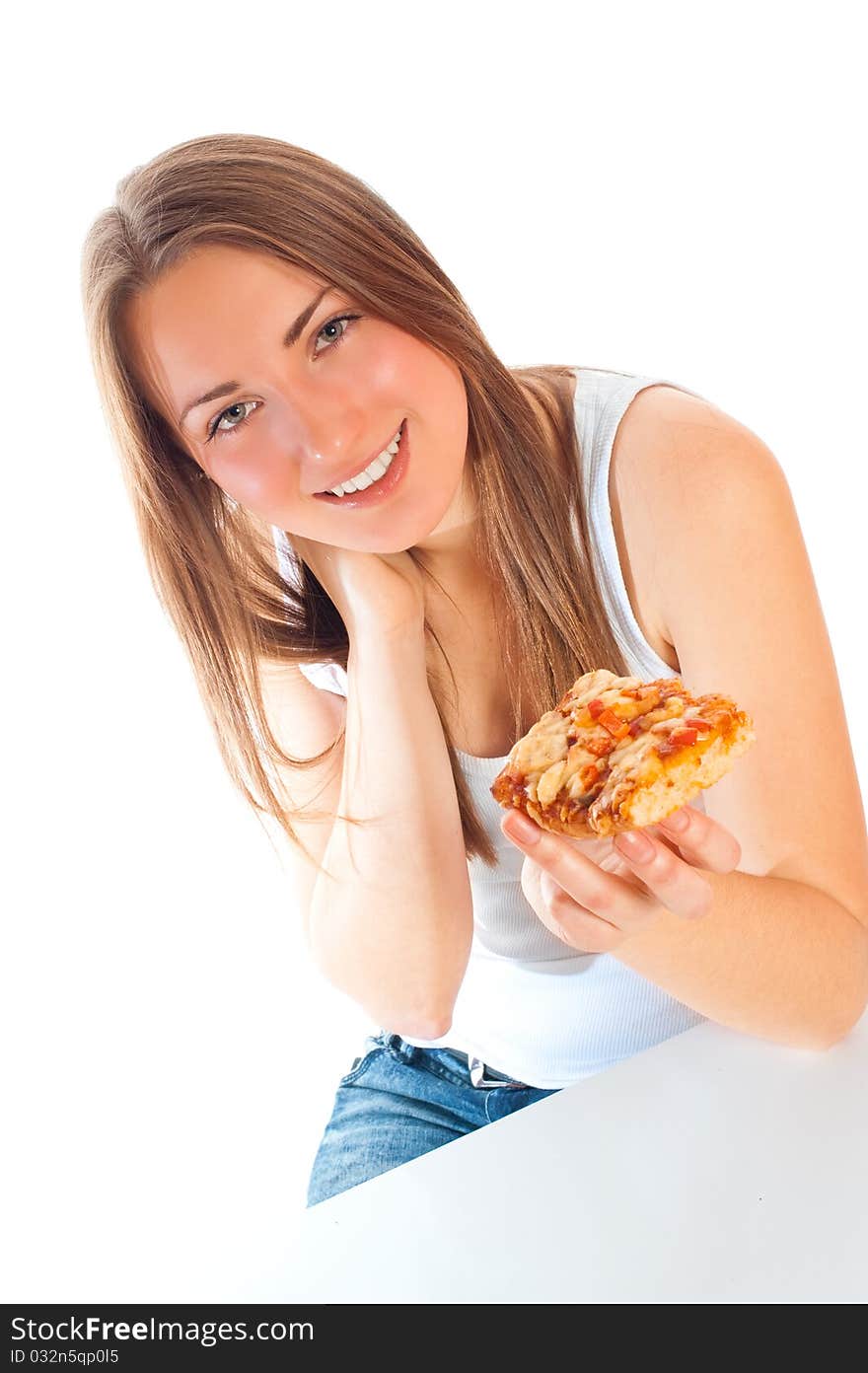 Beautiful woman with a pizza on a white background