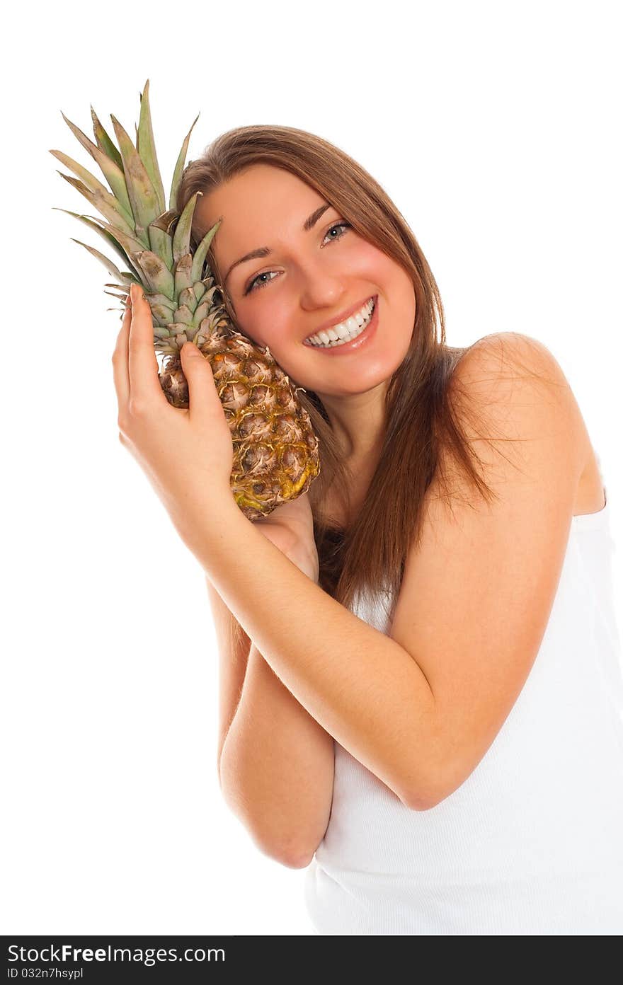 Beautiful woman with fruit on a white background