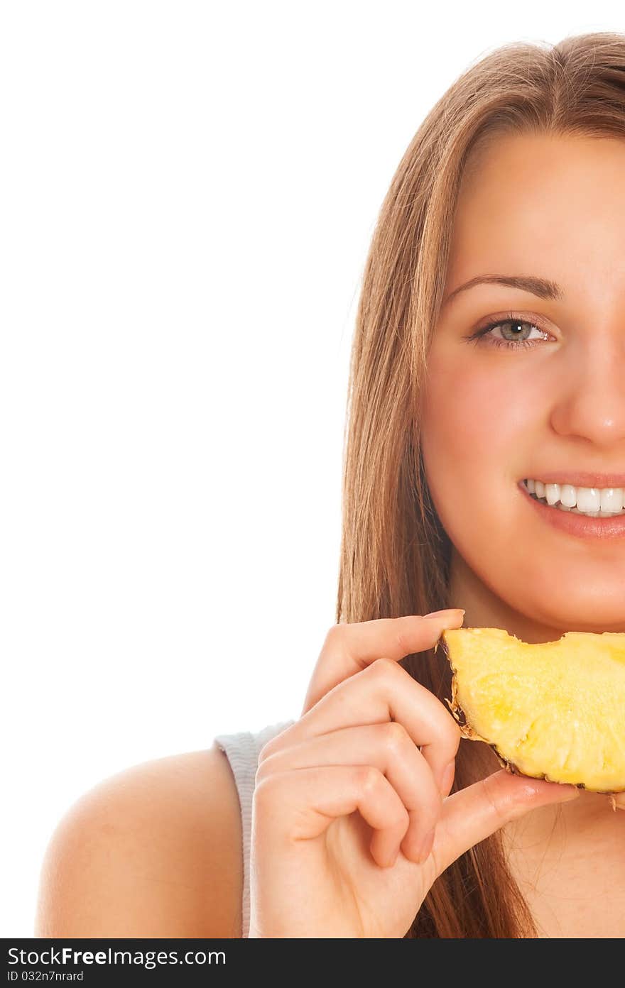 Beautiful woman with fruit on a white background