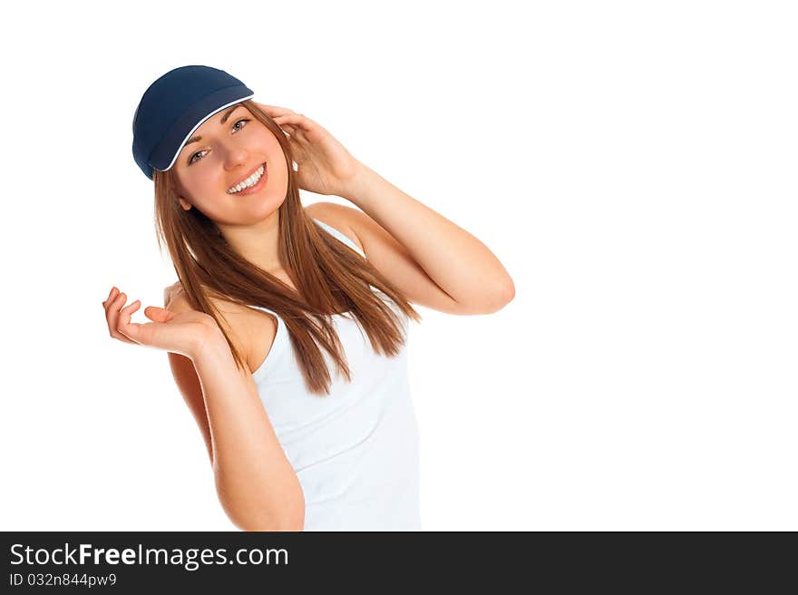 Beautiful woman with a sports cap on a white background