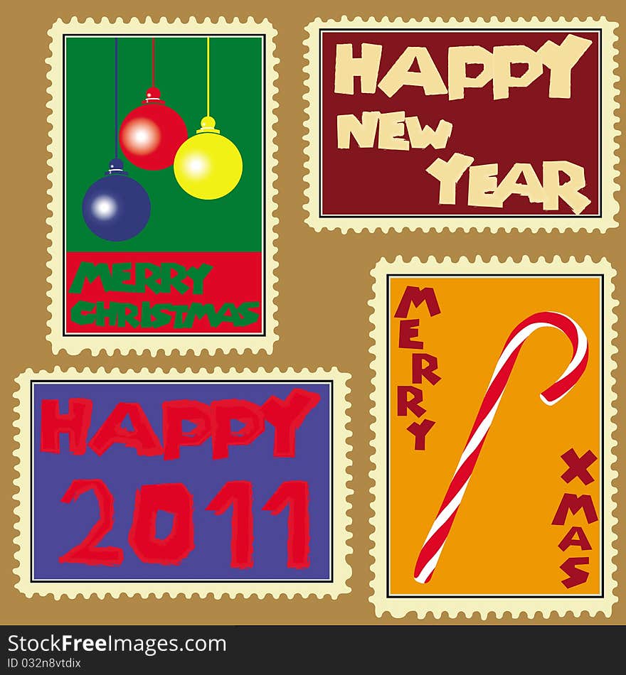 This image represents a set of four different stamps or paintings for Christmas. This image represents a set of four different stamps or paintings for Christmas